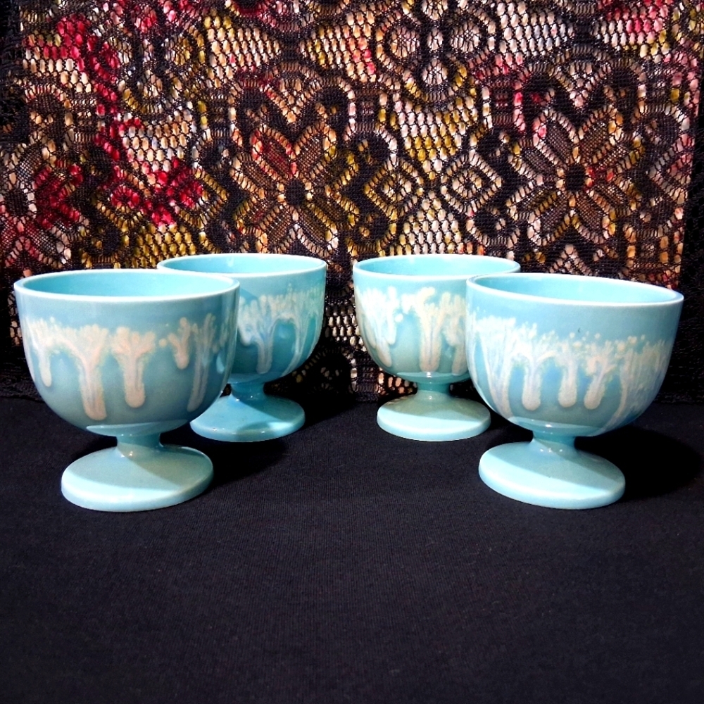Antique Dessert Cups Drippy Celadon Ice Cream Sorbet Pudding Bowls Footed Glazed